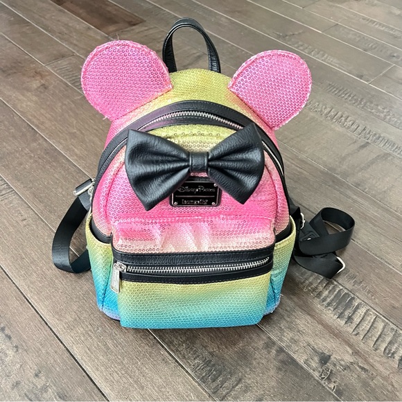 Loungefly Handbags - Disney Parks x Loungefly Collab Minnie Backpack Bag Sequins Rainbow Sparkle